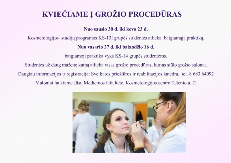 Kosmetologijos studijų programos studentės kviečia į grožio procedūras