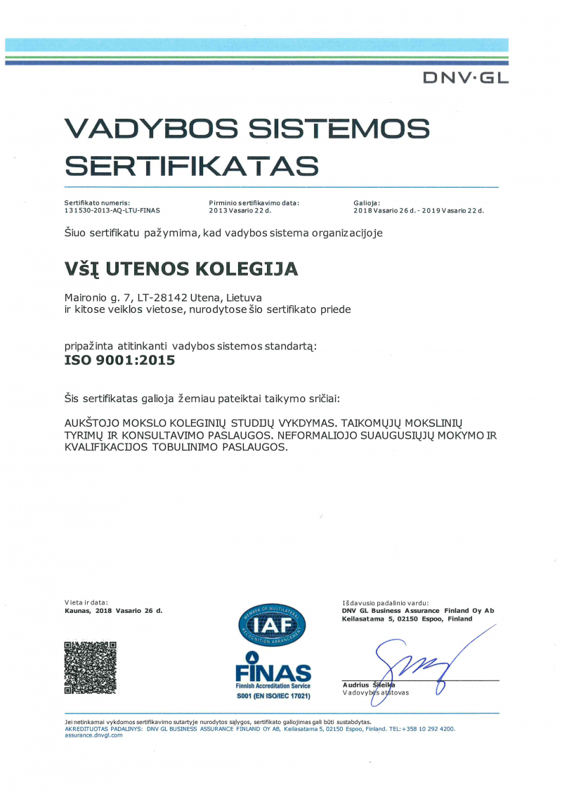 Utenos kolegija pripažinta atitinkanti ISO 9001:2015 vadybos sistemos standartą