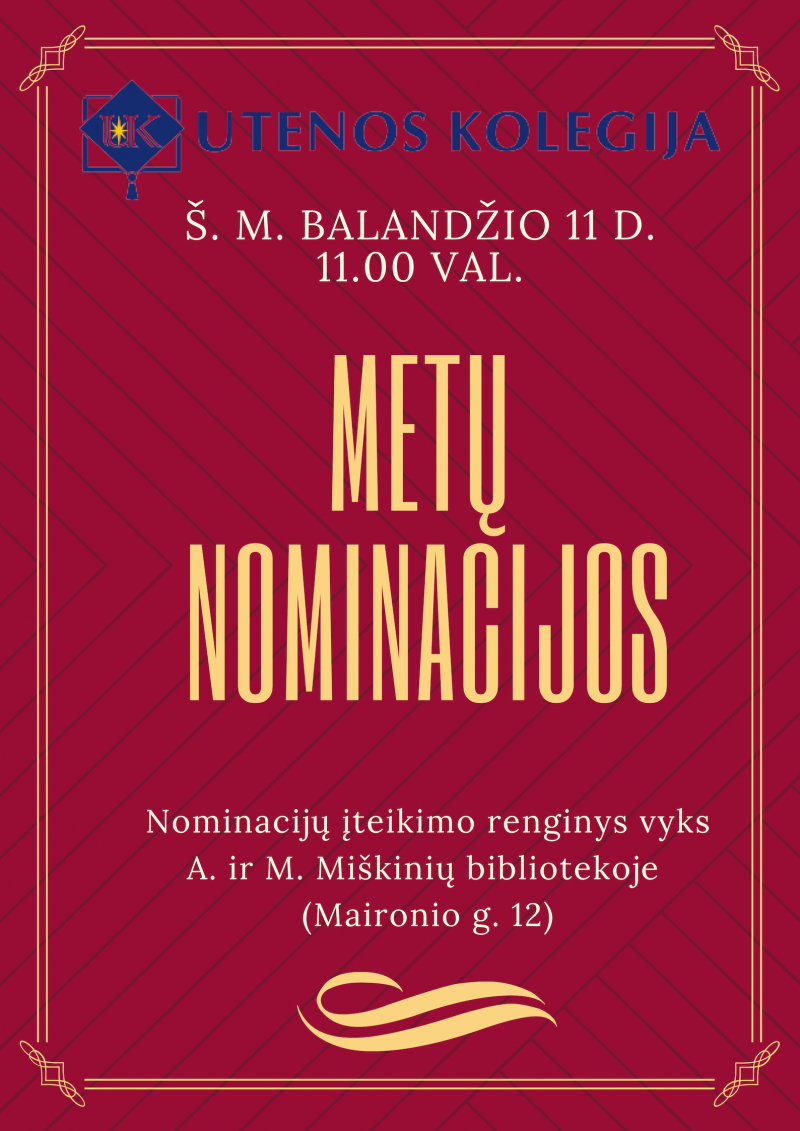 Kviečiame bendruomenę į Utenos kolegijos METŲ NOMINACIJŲ įteikimo renginį